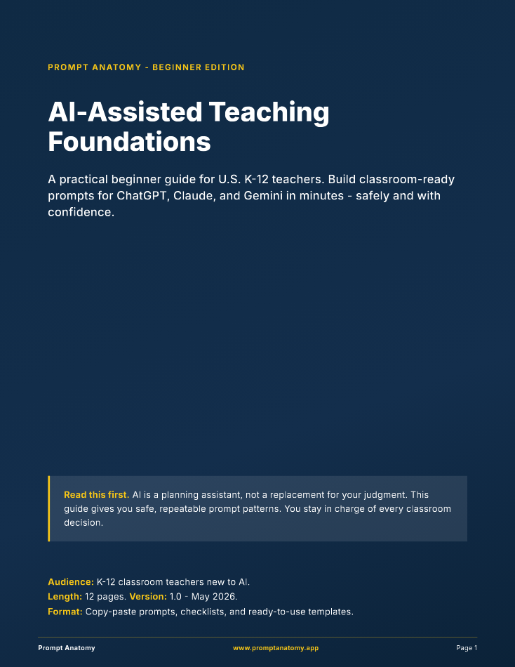 Cover of AI-Assisted Teaching Foundations &mdash; 12-page beginner guide for K-12 teachers